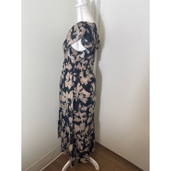 Rails Black and Tan Flutter Sleeve V-Neck Smocked Sun Dress Sz M - Picture 2 of 4